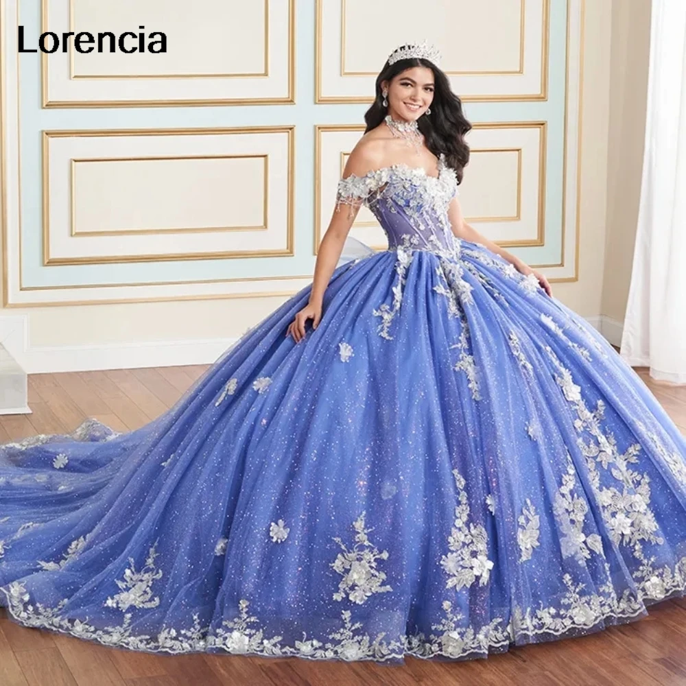 Lorencia Sparkly Purple Quinceanera Dress Ball Gown White Lace Applique Beaded Mexico Corset Sweet 16 Vestidos De 15 Años YQD991