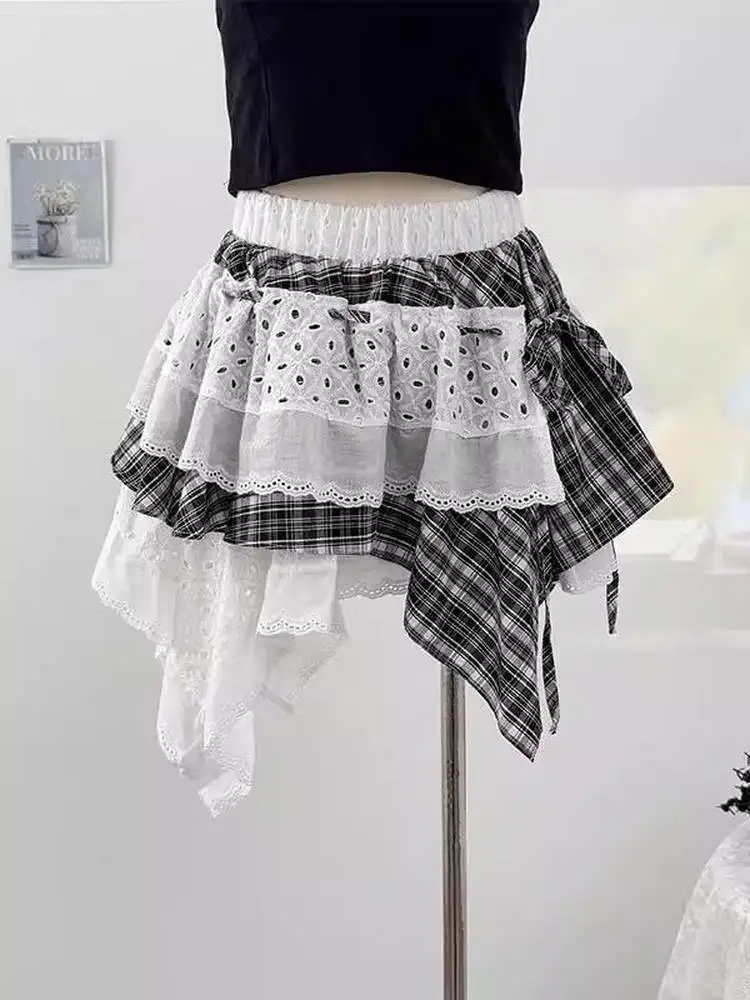 Casual Style Y2K Subculture Plaid Irregular Short Skirt Women Summer Design Sense Cake Skirt Lace Fluffy Half-length Skirt