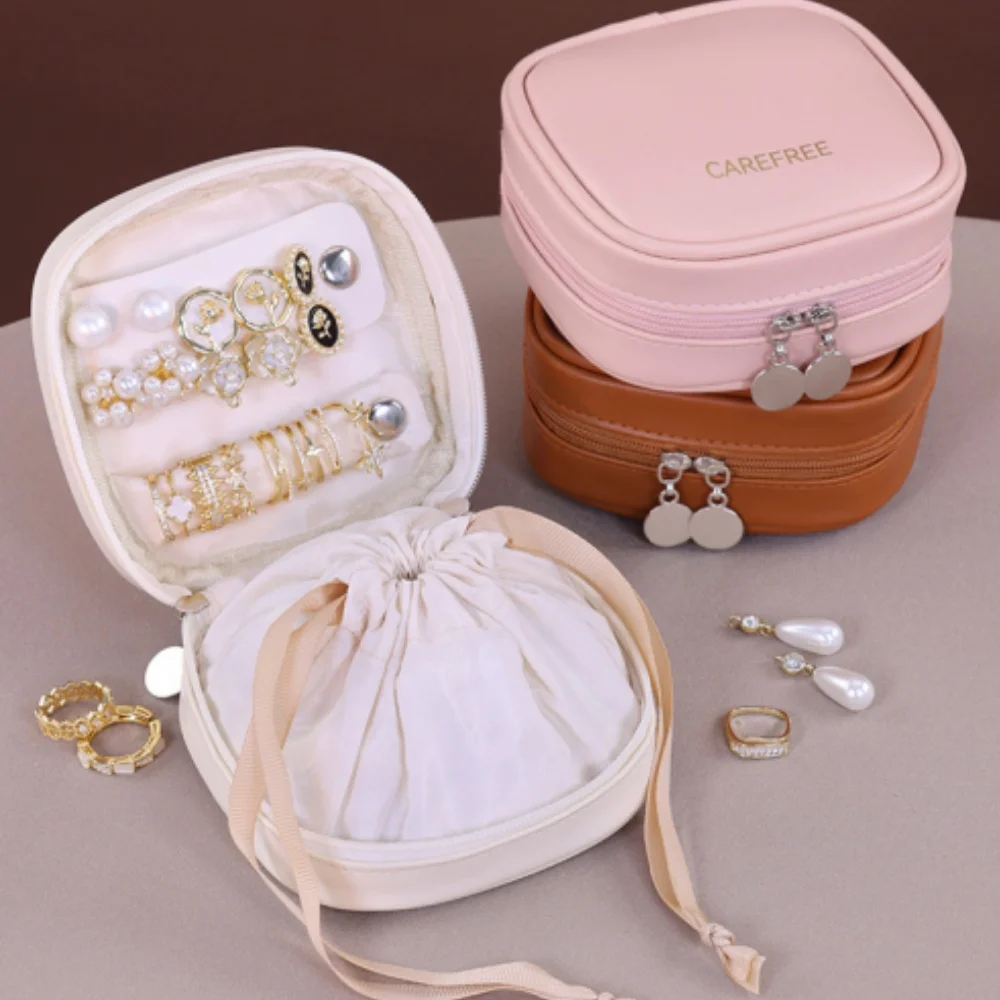 Draagbare sieradendoos met tas met trekkoord Reisketting Armband Oorbellen Ring Opbergzakjes Pu lederen sieraden organisator tas