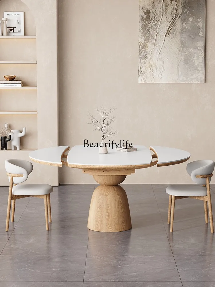 Nordic Solid Wood Stone Plate Dining Table Can Be Rounded Folding High-Grade Home Dining Table