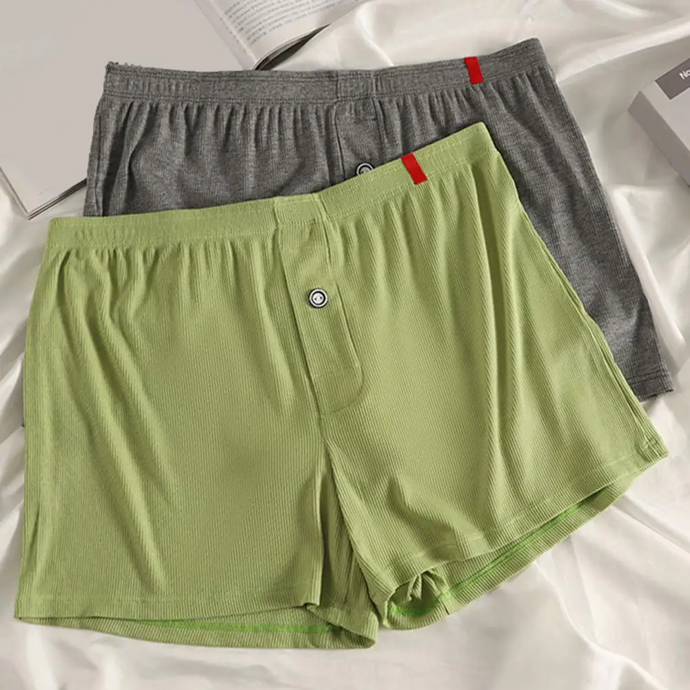 Label Detail Herren-Boxershorts, Herrenunterwäsche, reine Farbe, weicher, atmungsaktiver Stoff, Boxershorts mit Knopf vorne, Shorts, Höschen, Nachtwäsche, 85