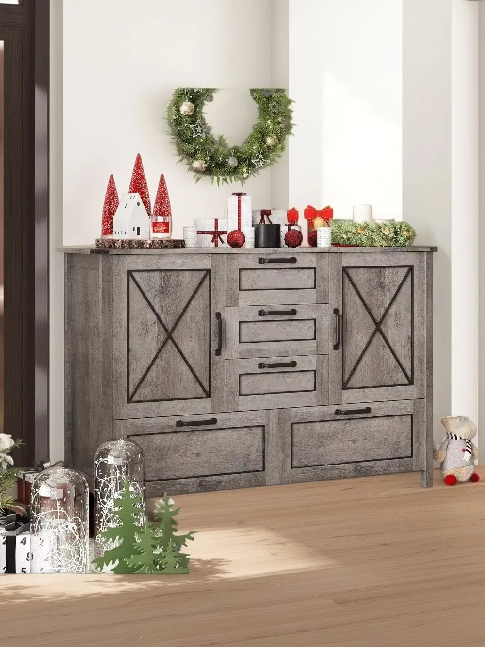 

Sideboard Cabinet with 2 Doors and 5 Drawers, Farmhouse Buffet Table with Storage for Kitchen, Wood Buffet Coffee Bar Table