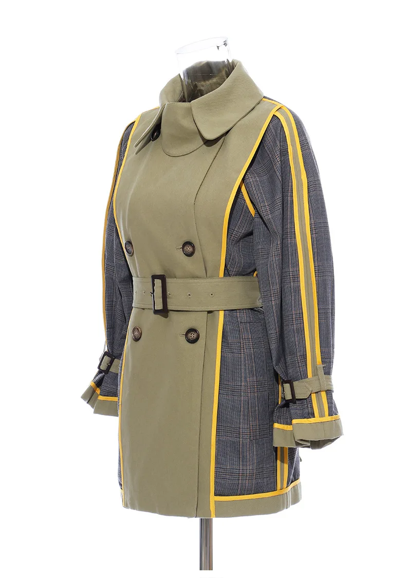 شخصية السيدات منتصف طول عكسها خندق معطف مزدوجة الصدر متقلب المرقعة المرأة عكسها خندق معطف