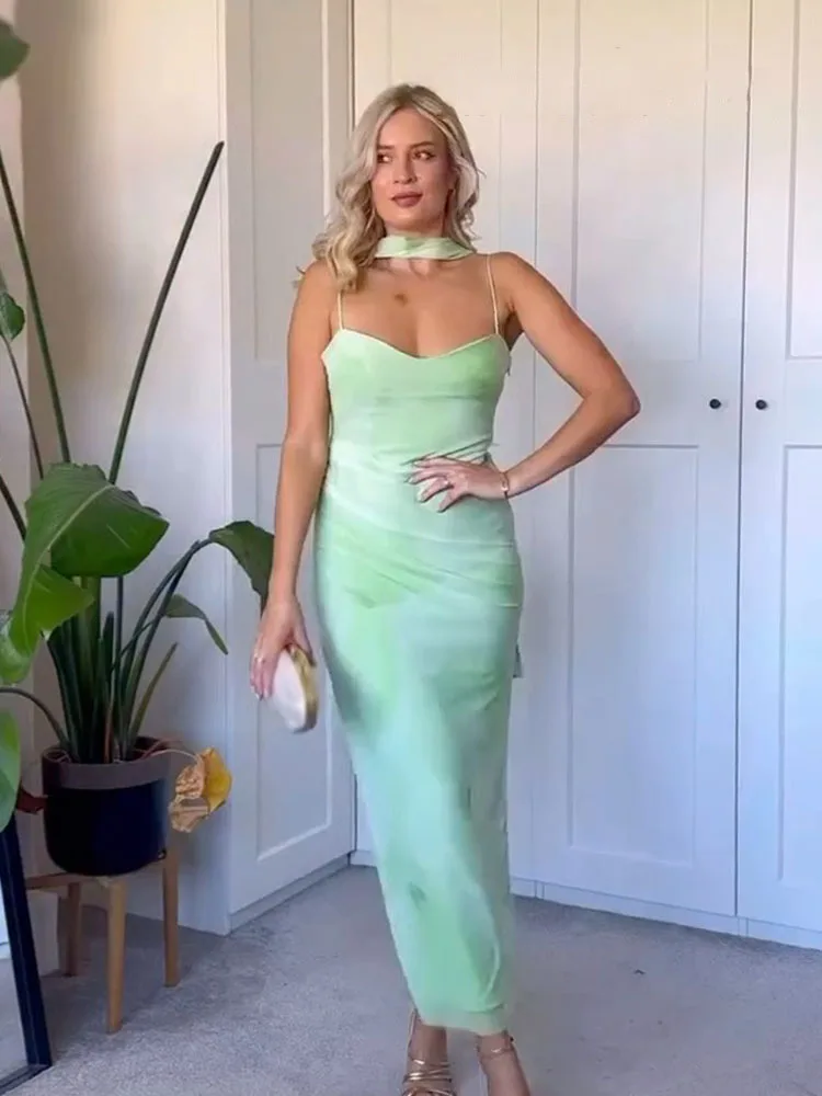 HH Women's Summer Holiday Light Green Romantic Scarf Decorated Tulle Midi  Dress Female Backless Slim Sexy Sling Long Dress - AliExpress 200000345