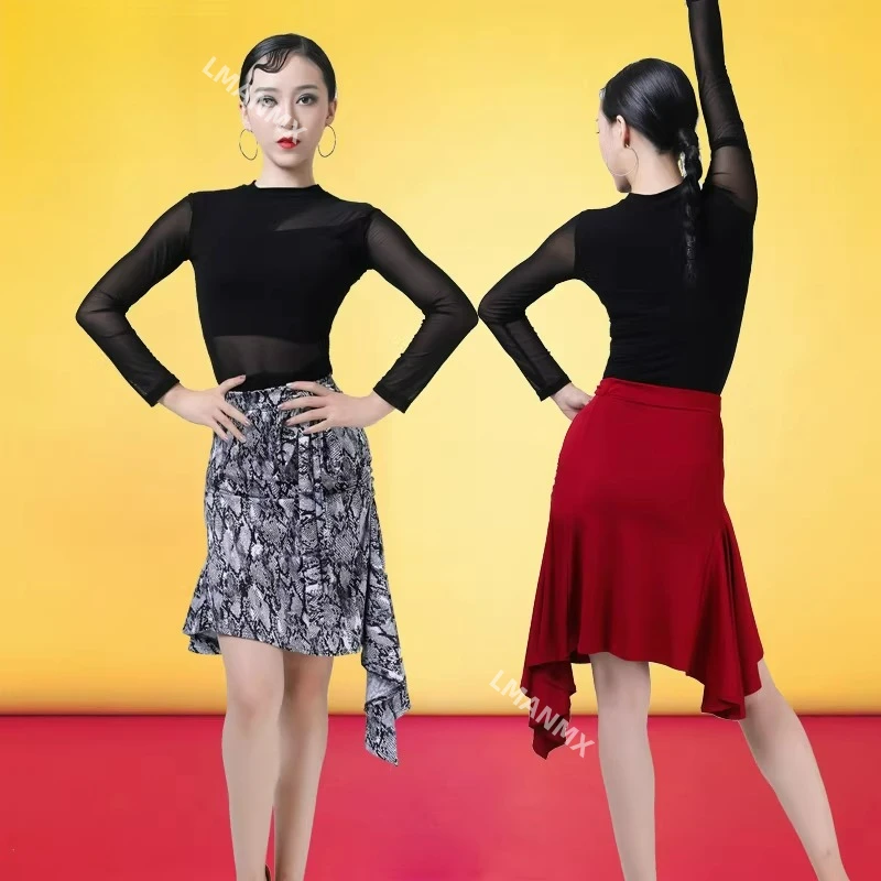 Strój do tańca latynoamerykańskiego, damski strój sceniczny dla dorosłych, nowa asymetryczna spódnica, rękawy z siateczki, dopasowany top z modalu