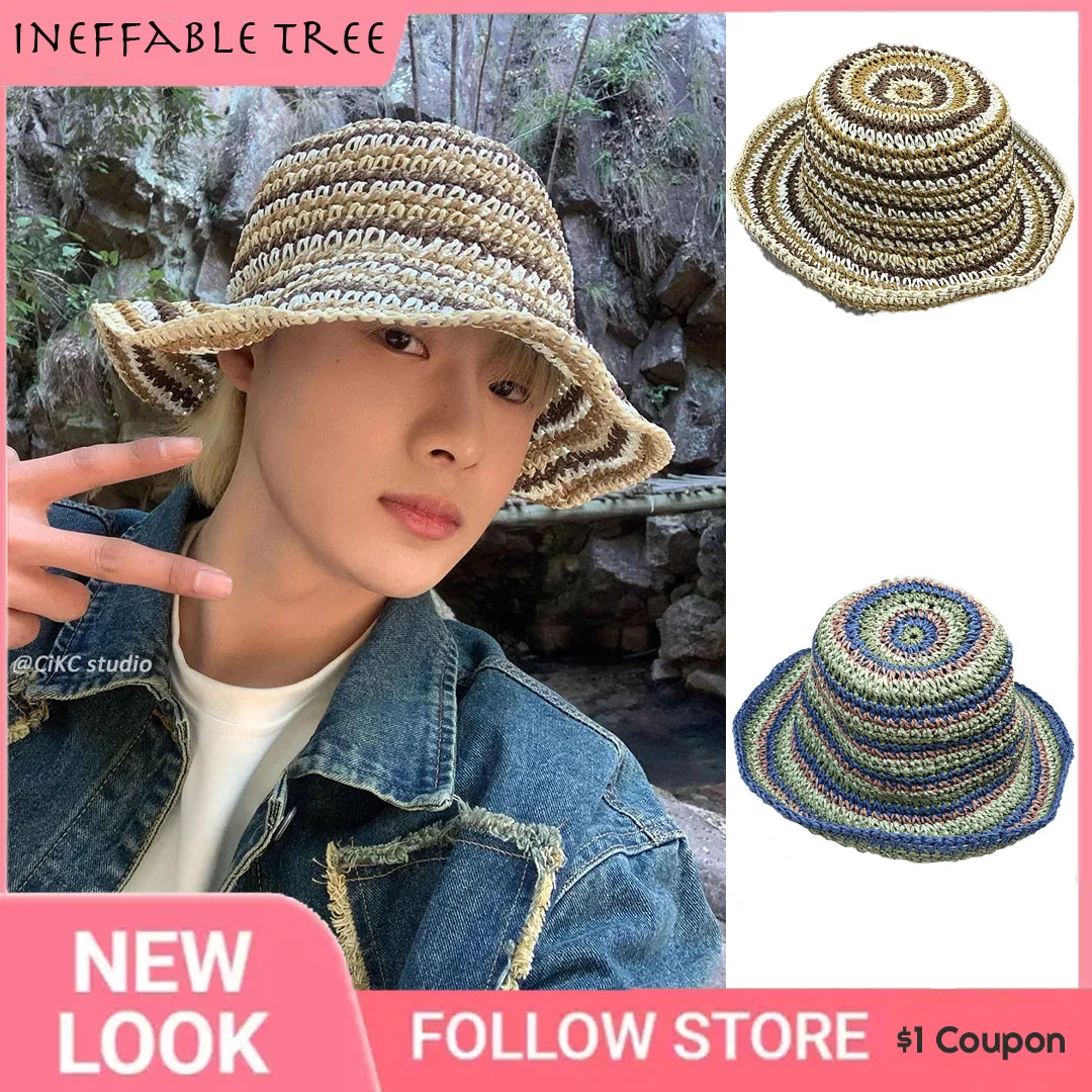 Korean Spring Summer Sweet Big Brim Stripes Straw Sun Hats for Women Seaside Sunshade Sunscreen Straw Bucket Basin Cap Gorros