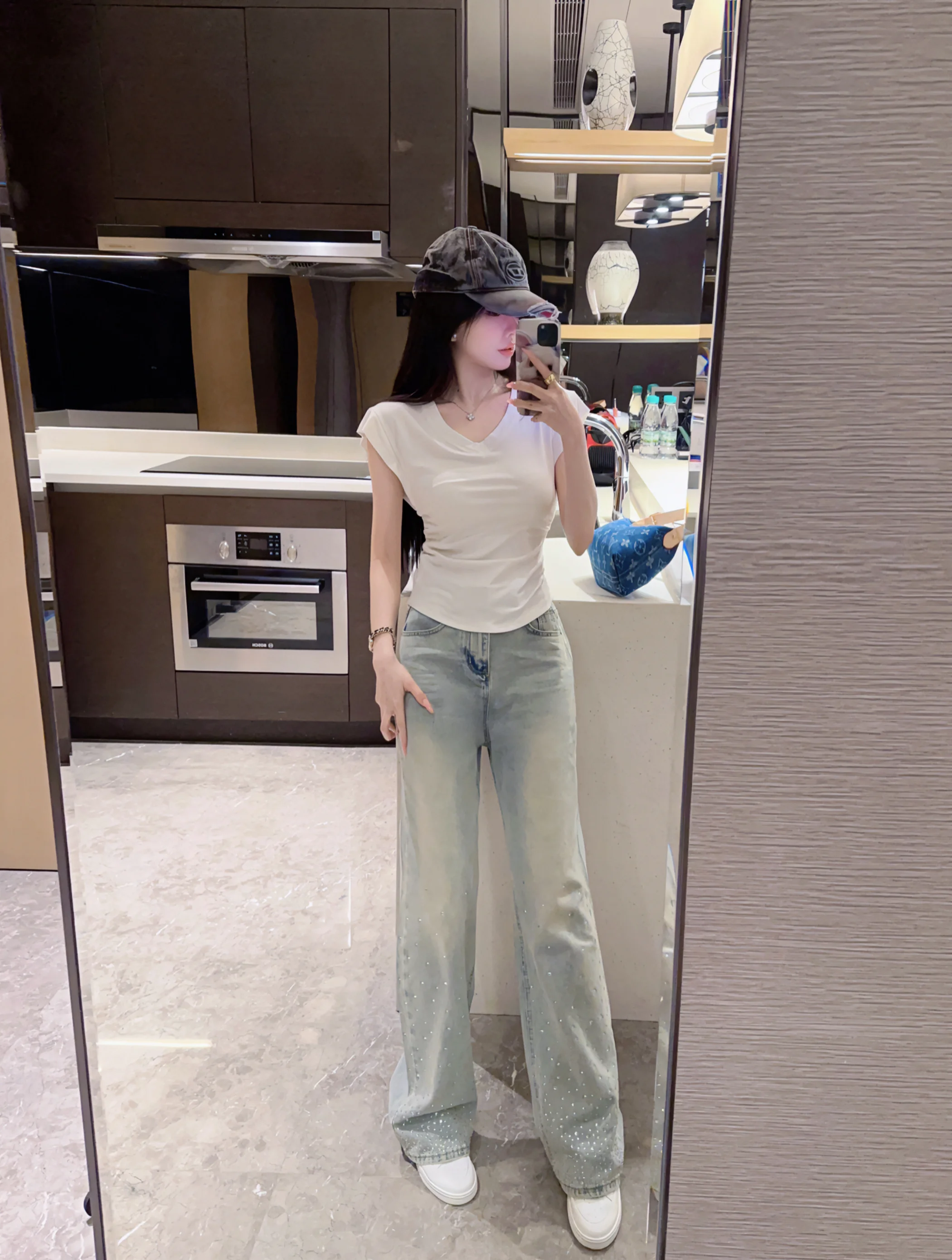 

Джинсы свободного кроя с прямыми штанинами для женщин, удлиненные, стройнящие, в стиле «ленивые брюки», с высокой талией, летние, повседневные, светло-отбеленные, с эффектом «бриллиант»