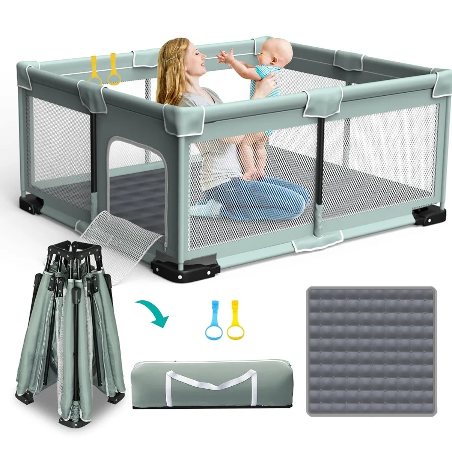Foldable Playpen for Babies and Toddlers 71"x59" Inches Portable Playpen with Mat Collapsible Play Pen with 2 Handlers Indoor a