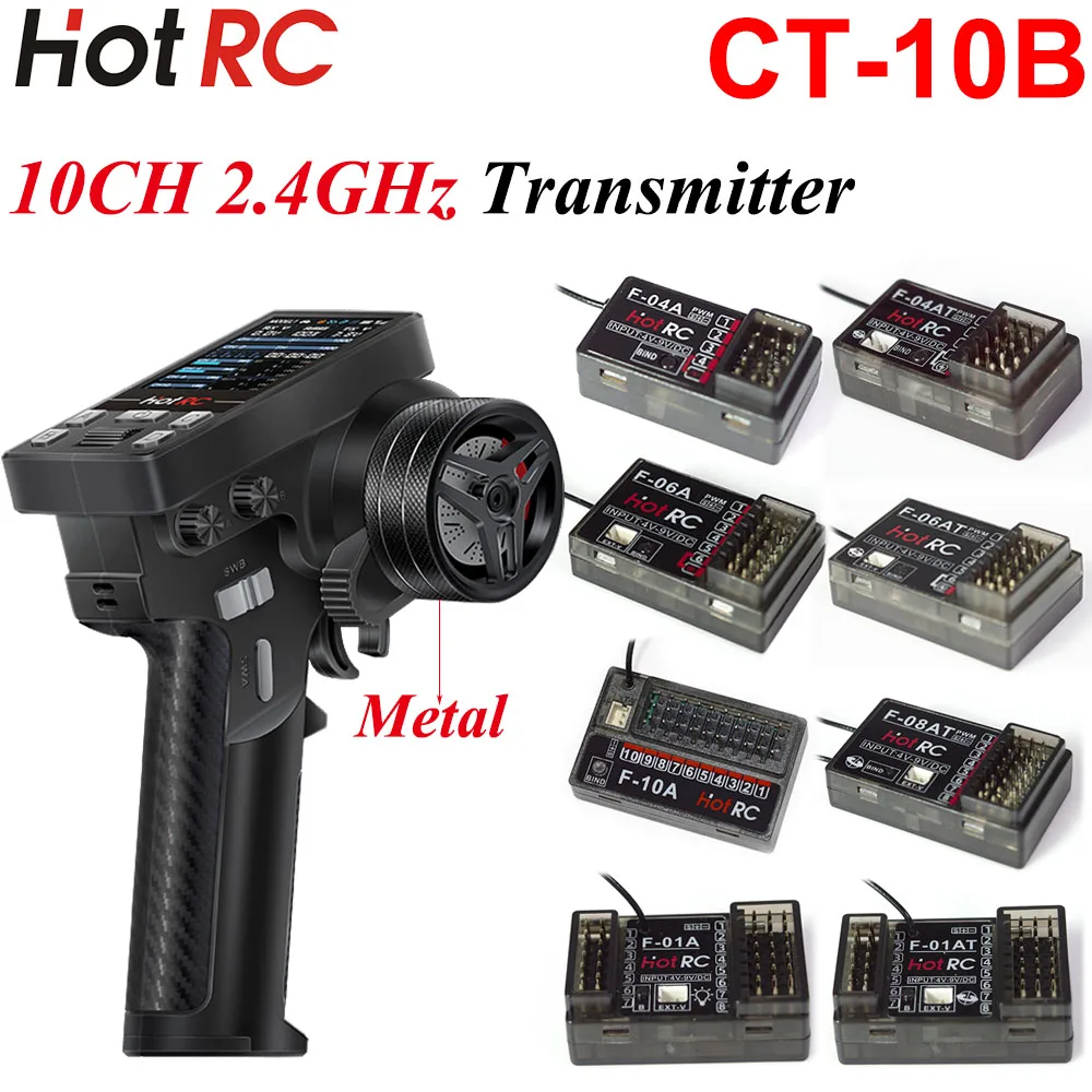 HotRC CT-10B 10CH Metal Handwheel Color Screen Transmitter F-04A F-06A F-10A  F-08AT Gyro Receiver for RC Car Aircraft Boat Dron