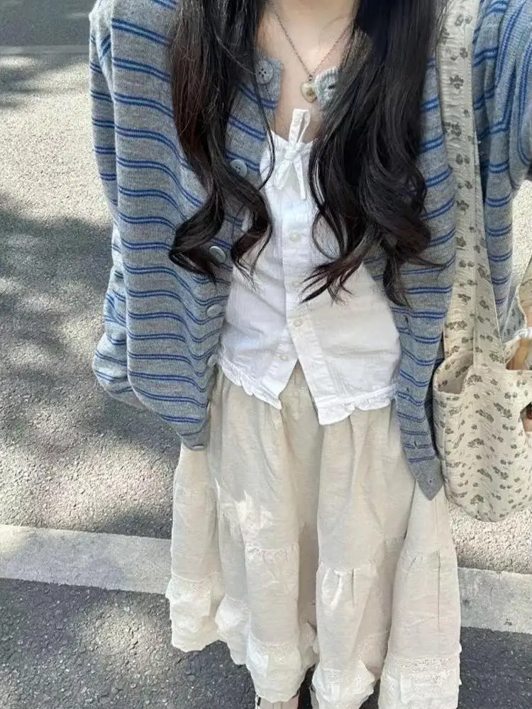 Coreano início do outono cor blo listrado malha aberta cardigan feminino fino solto preguiçoso sle camisola base outerwear