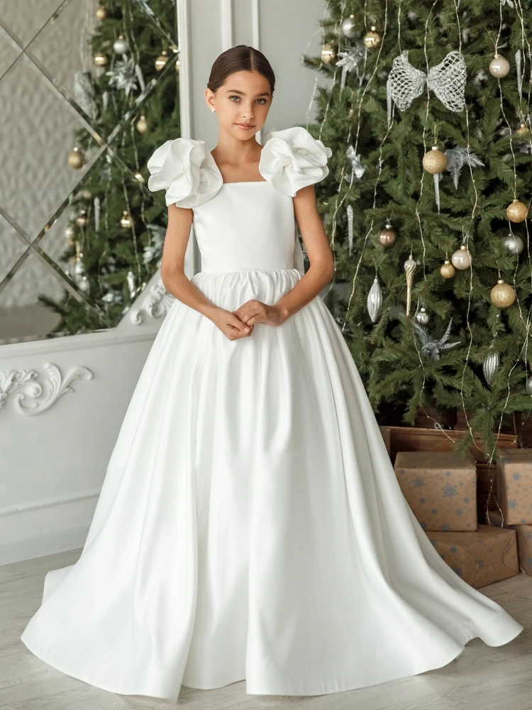 White Flower Girl Dresses Satin Solid With Bow Sleeveless For Wedding Birthday Banquet First Communion Gowns