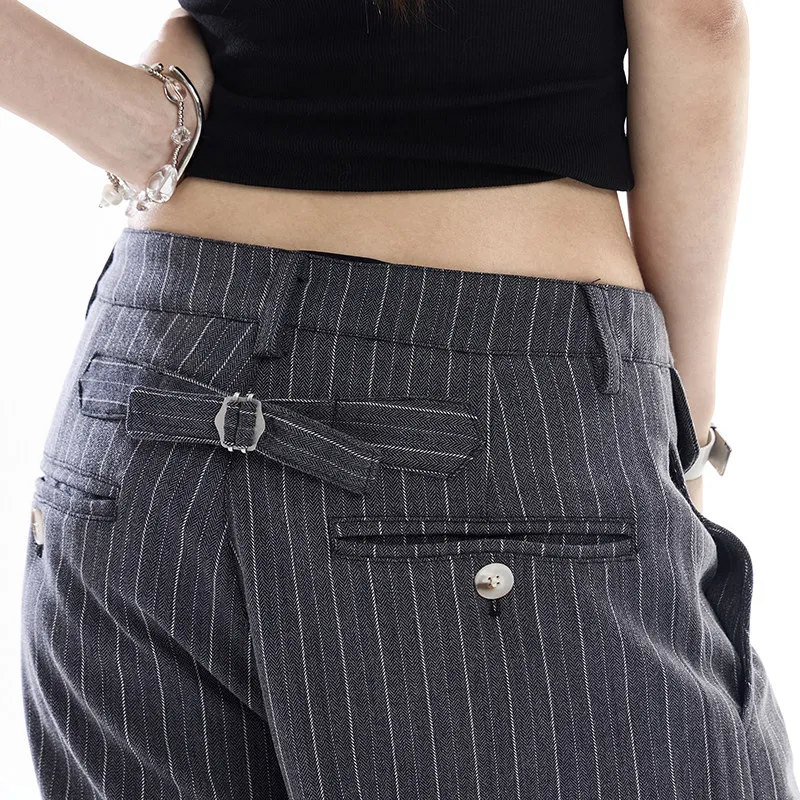 Gray Stripe Wide Leg Suit Pants Women's High Waist Drape Loose Casual Floor-Length Knife  Slimming Design