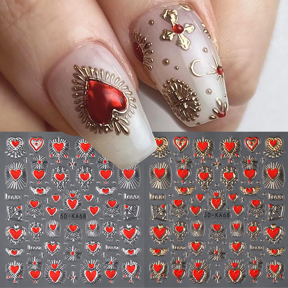 2pcs 3D Heart Sun Star Nail Art Stickers Decals Gold Silver Red Romantic Valentine Adhesive Slider Charms 5D Nail Art Decoration