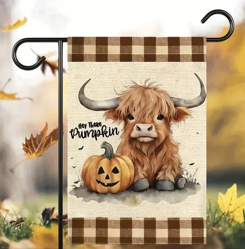 Garden Flag, 12”x18”, Pumpkin Highland Cow, Burlap Doublesided JJE DDI GGX