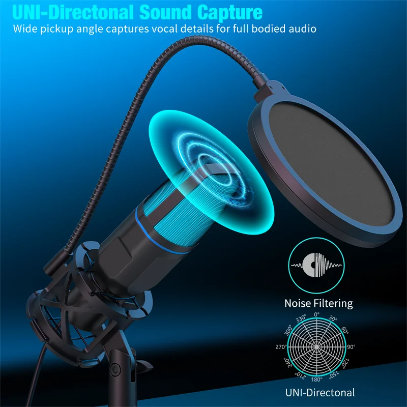 Micrófono USB RGB, micrófono de condensador con cable para juegos, para podcast, grabación, estudio, transmisión en vivo, laptop, PC de escritorio 5