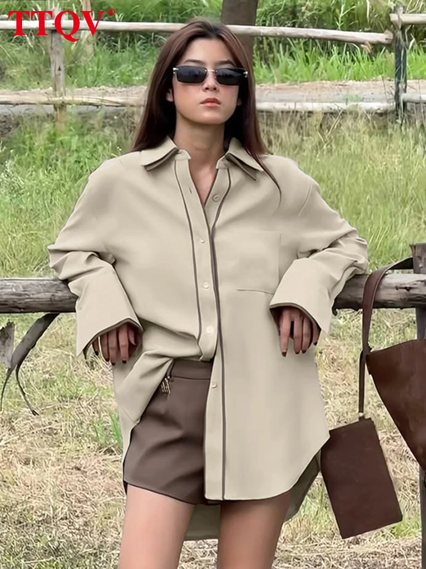 

TTQV модные свободные бежевые женские блузки 2026 повседневная женская рубашка с лацканами и длинными рукавами элегантный классический лоскутный топ женская одежда