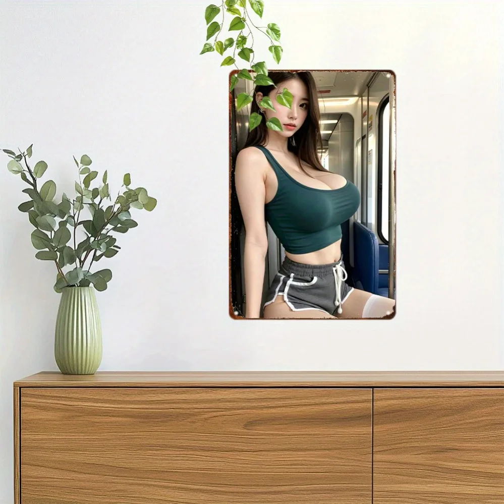 Vintage Aluminum Metal Wall Art 8x12 Inch - Elegant Girl Green Off-Shoulder Design, Retro Metal Sign for Home Garage Man Cave Co