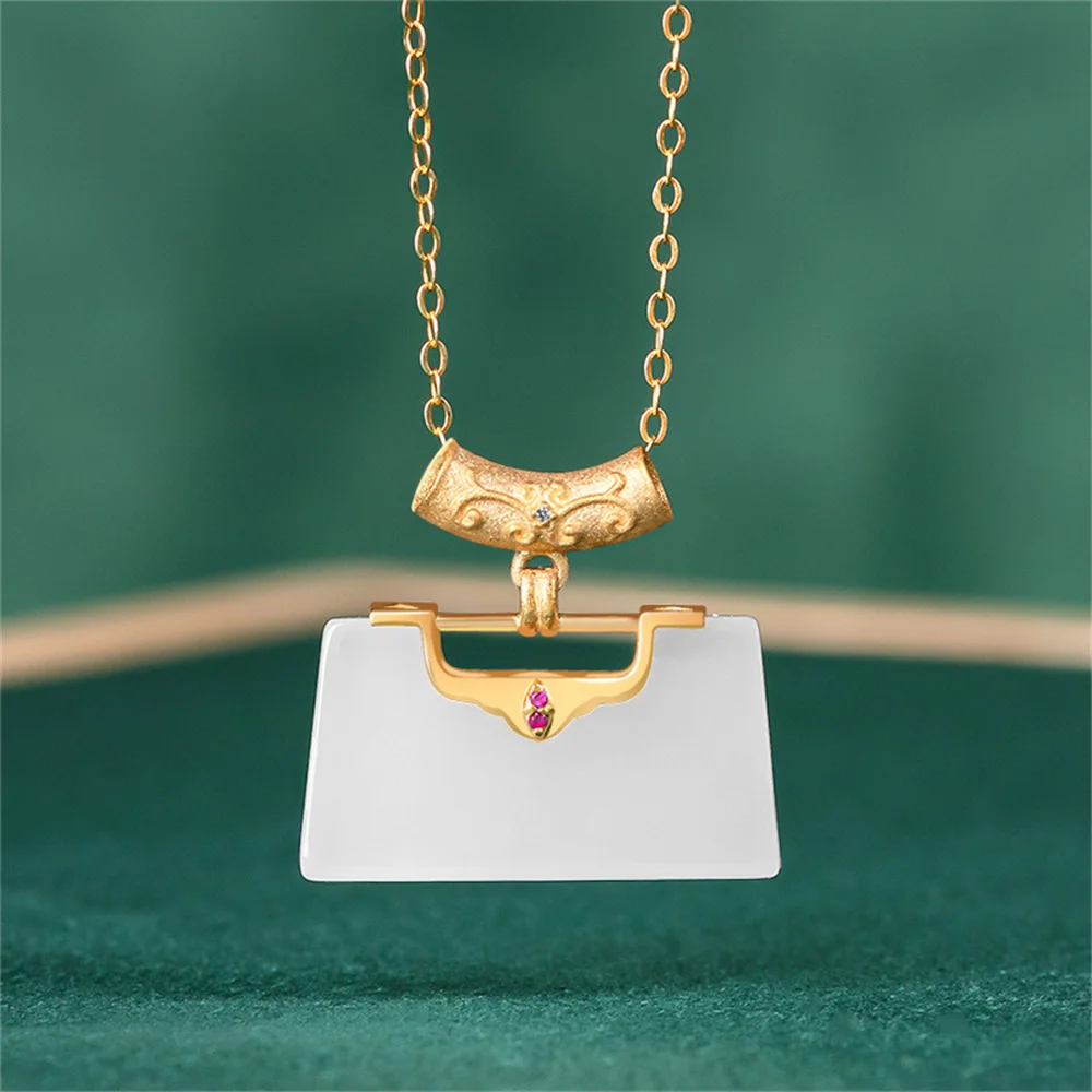 18K Gold Natural White HeTian Jade Longevity Lock Style Lucky Pendant Amulet Chain Necklace Certificate Luxury Jade Jewelry Gift