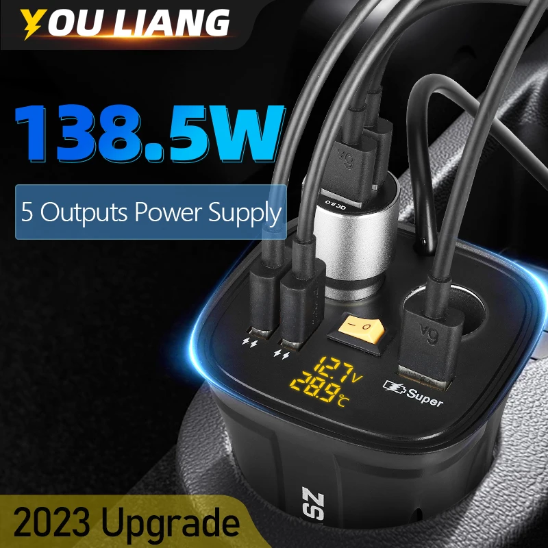 

2 Socket Cigarette lighter Splitter Power Adapter 12V Outlet 5 In 1 Super Fast Charging Usb Car Charger Accessories For Vehicles