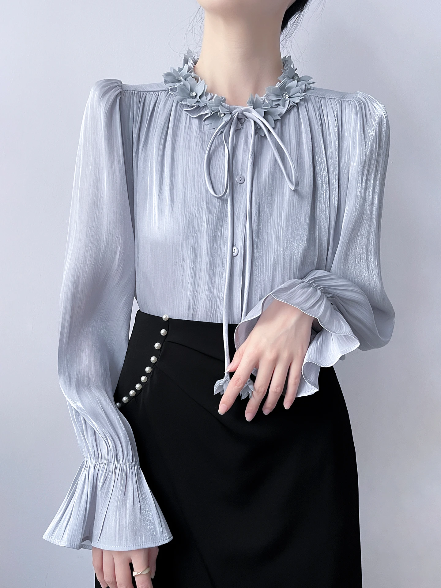 

Elegant Grey Shawl Collar Shirt for Women with Bell Sleeves Shiny Texture Chiffon Top Korean Style Loose Fit Long Sleeve
