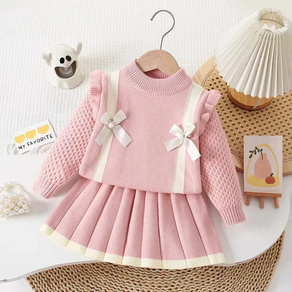 Wedding Party Flower Girl Clothes Kids Clothing Autumn/Winter Bow Knitted Sweater and Pleated Skirt Cute Children's Sets