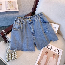 Summer plus size casual street denim shorts elastic high-waisted design hole washed denim fabric women's simple hot pants 2024