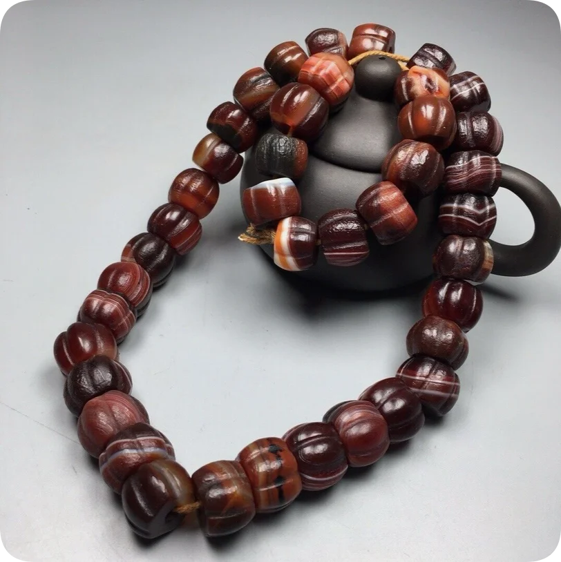 Tibetan Natural Oily Agate dZi Silkworm Pumpkin Beads Necklace S1104