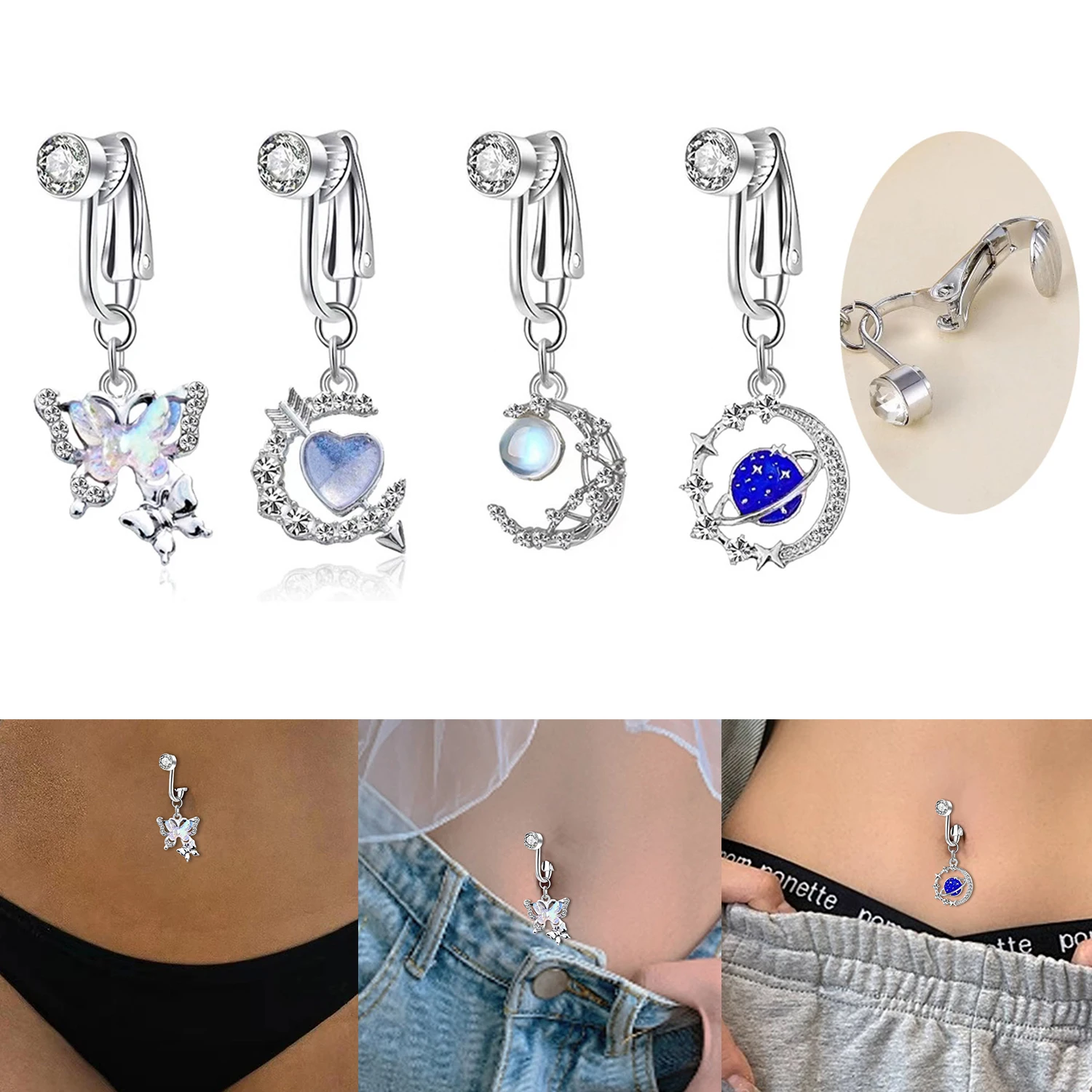 

Butterfly Heart Moon Dangle Clip On Belly Button Rings Fake Belly Ring Dangling Navel Rings Non Piercing For Women Jewelry