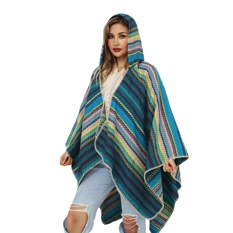 Thickened Hat Cloak Shawl Cross-Border Autumn Winter Warm Striped Knitted Shawl Woven Split Cape for Women