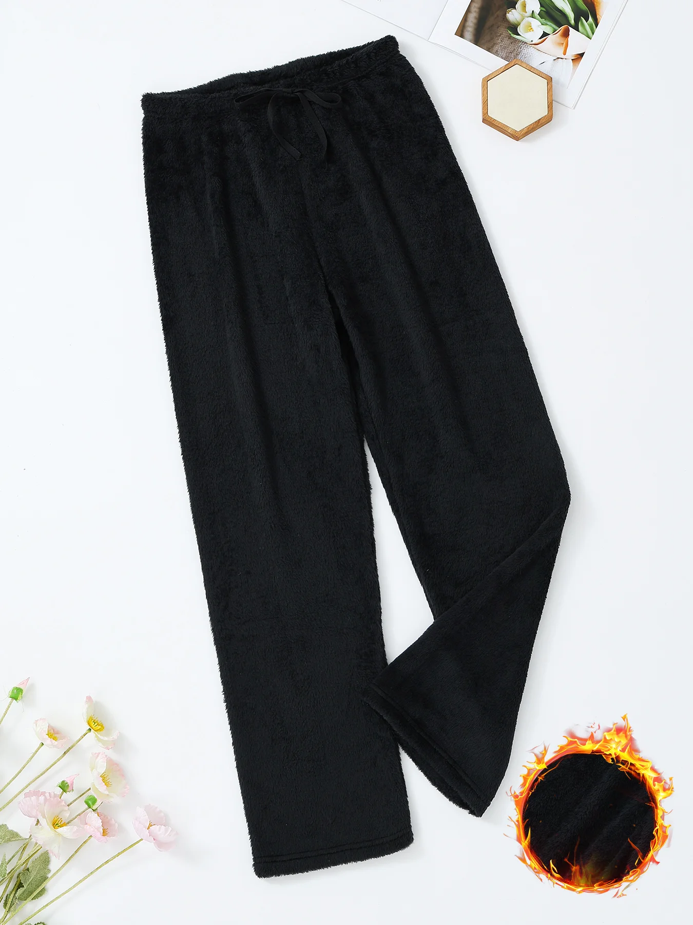 กางเกงชุดนอนผ้าสักหลาดนุ่มพิเศษสำหรับผู้หญิง 2 ชิ้น กางเกงลำลองสำหรับใส่ในบ้านในฤดูหนาว