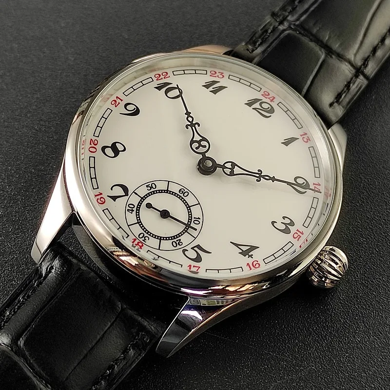 Men Manual Mechanical Watch Enamel Dial Louis‑style Hands Genuine Leather Strap Small Seconds 3atm Water Resistant 40.5mm Dial