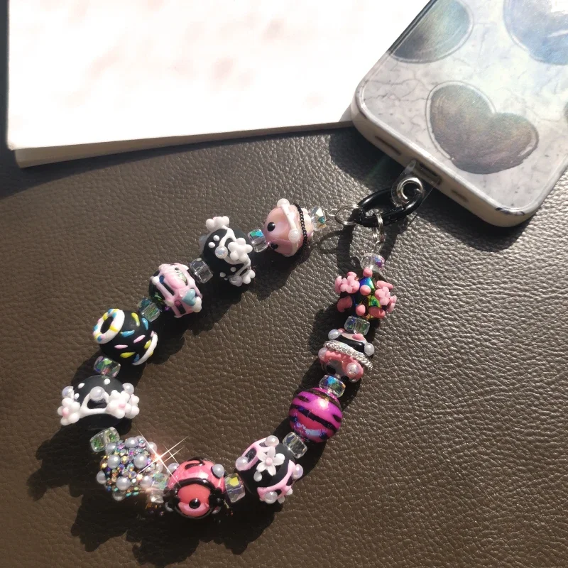 Mobile Phone Lanyard with Luxurious Rhinestone Flower Square Bead Dark Sweet Cool Chain Wide Short Wrist Strap Universal Pendant