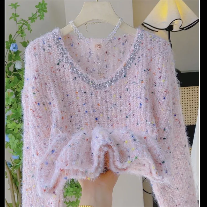 Online Celebrity Color Polka-dot Fashion Stitching Sweater Sweater Autumn And Winter New Lazy Heavy Loose Long-Sleeved Top