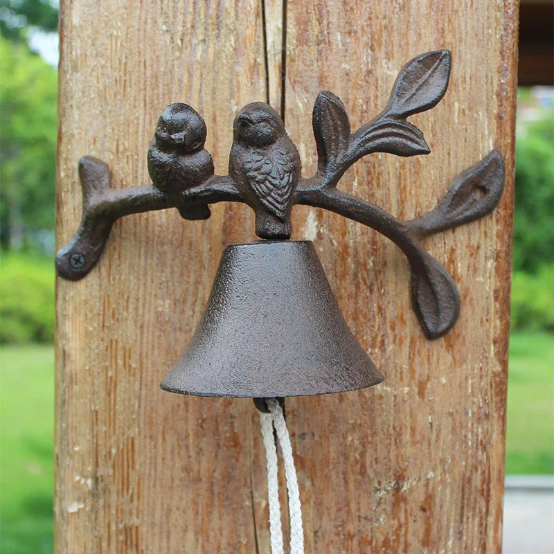 European Antique Rustic Couple Birds On Arc Shape Leaves Branch Heavy Cast Iron Hand Cranking Wall Mounted Welcome Door Bell