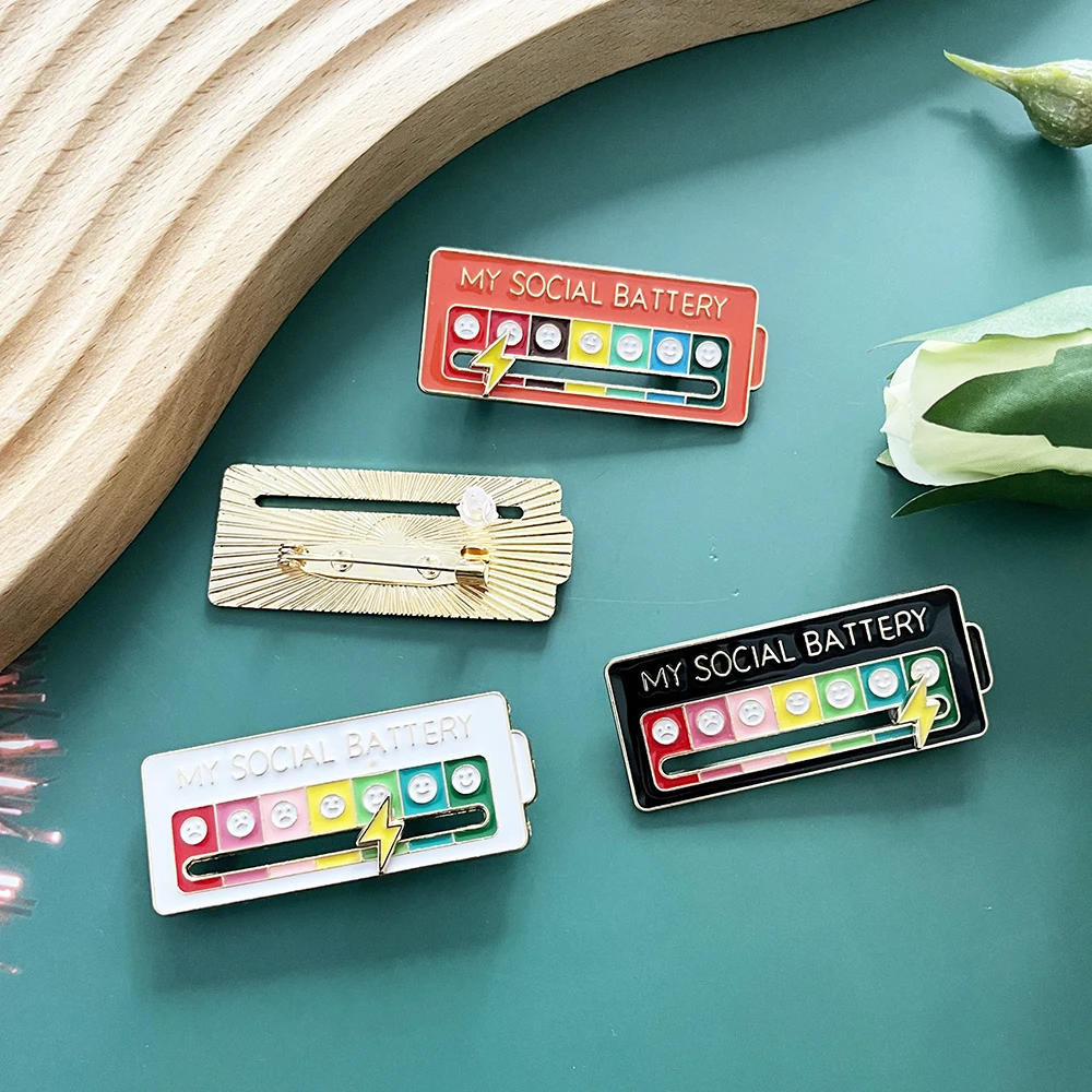 4PCS My Social Battery Interactive Enamel Pins, Funny Mood Slider Metal Brooch Badge Introvert Jewelry Gift