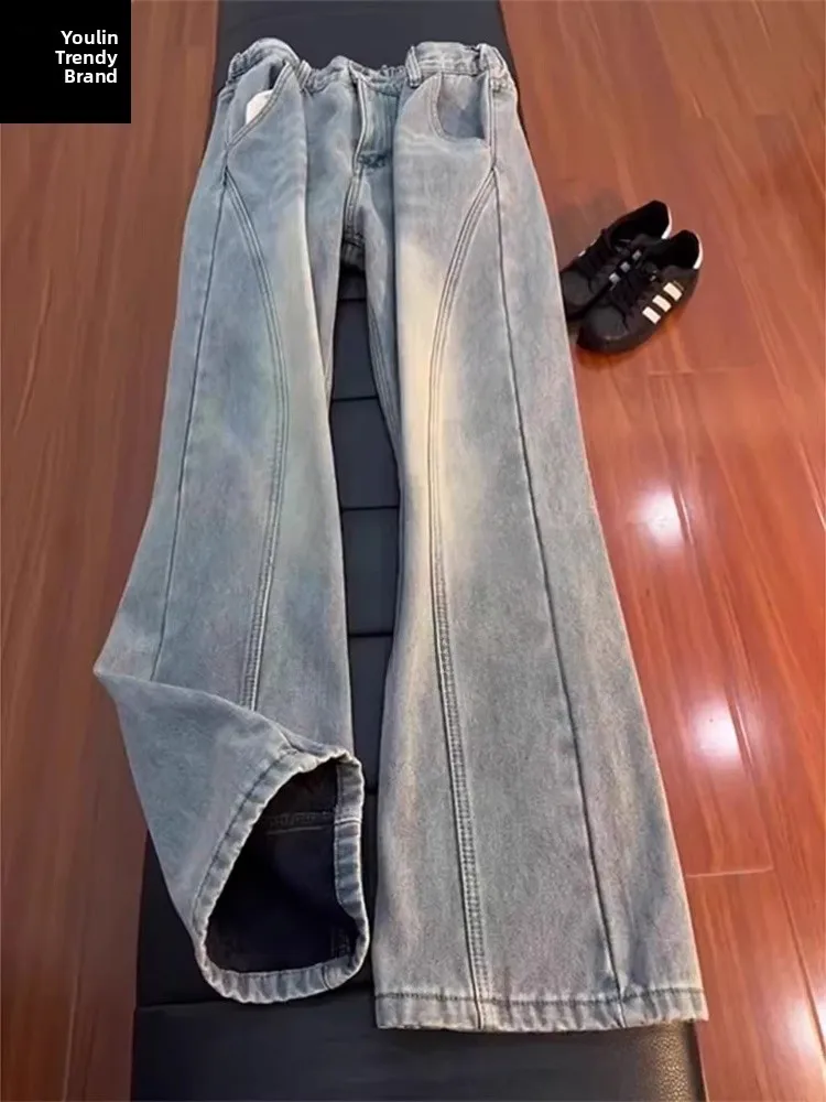 

Retro American Sle Men's Jeans Winter Fce Lined Diagonal Cut Slim Straight Leg Micro Flared Pants High Waist Zipper Closure