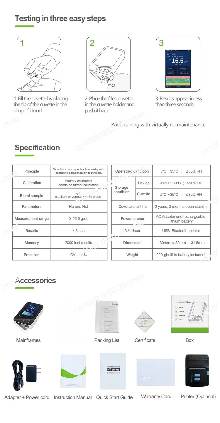 High Accuracy Automated Chemistry POCT Blood Hemoglobin Analyzer for Medical Use H7