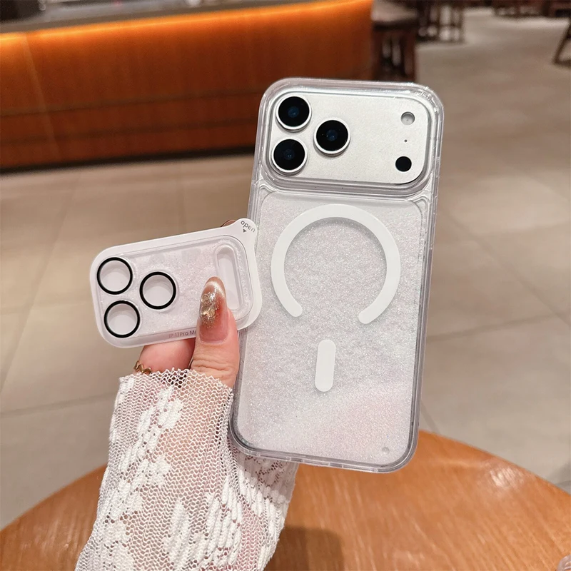 Magnetische Flüssigkeits-Quicksand-Linsenfolie Handyhülle für iPhone 17 18 Pro Max für MagSafe Trendige Sturzsichere Glitzer-Schutzhülle – Detail 5