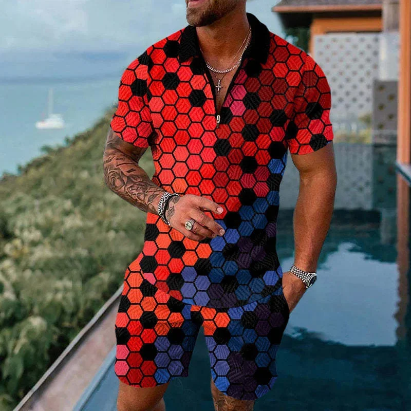 Solid Color Gradient Print Men\'s Sweatsuit Set Summer Casual Zipper Polo Shirt And Shorts 2pcs Sets Trend Man Pullover Clothing