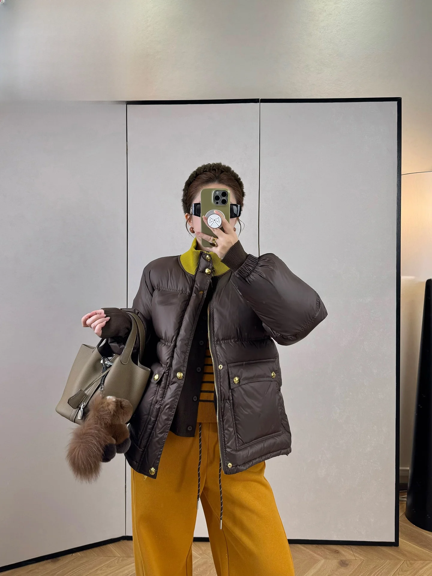 

Winter ential Warm Gate Patchwork Color Stand Collar Gold Button Decorative Thi down Jaet for Women