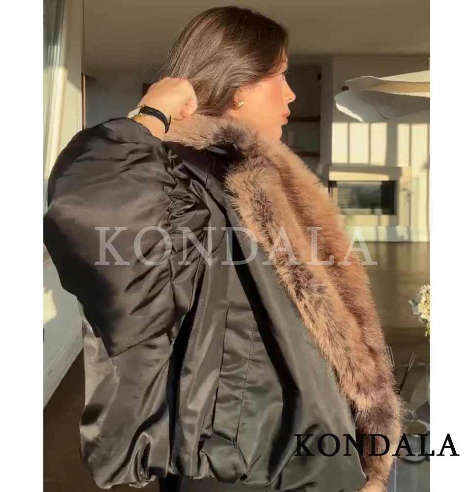 KONDALA Lady Trendy Bomber Jacket Faux Fur Lapel Loose Tomboy Jacket 2026 Spring Fashion Streetwear Outing Cool Pilot Jacket