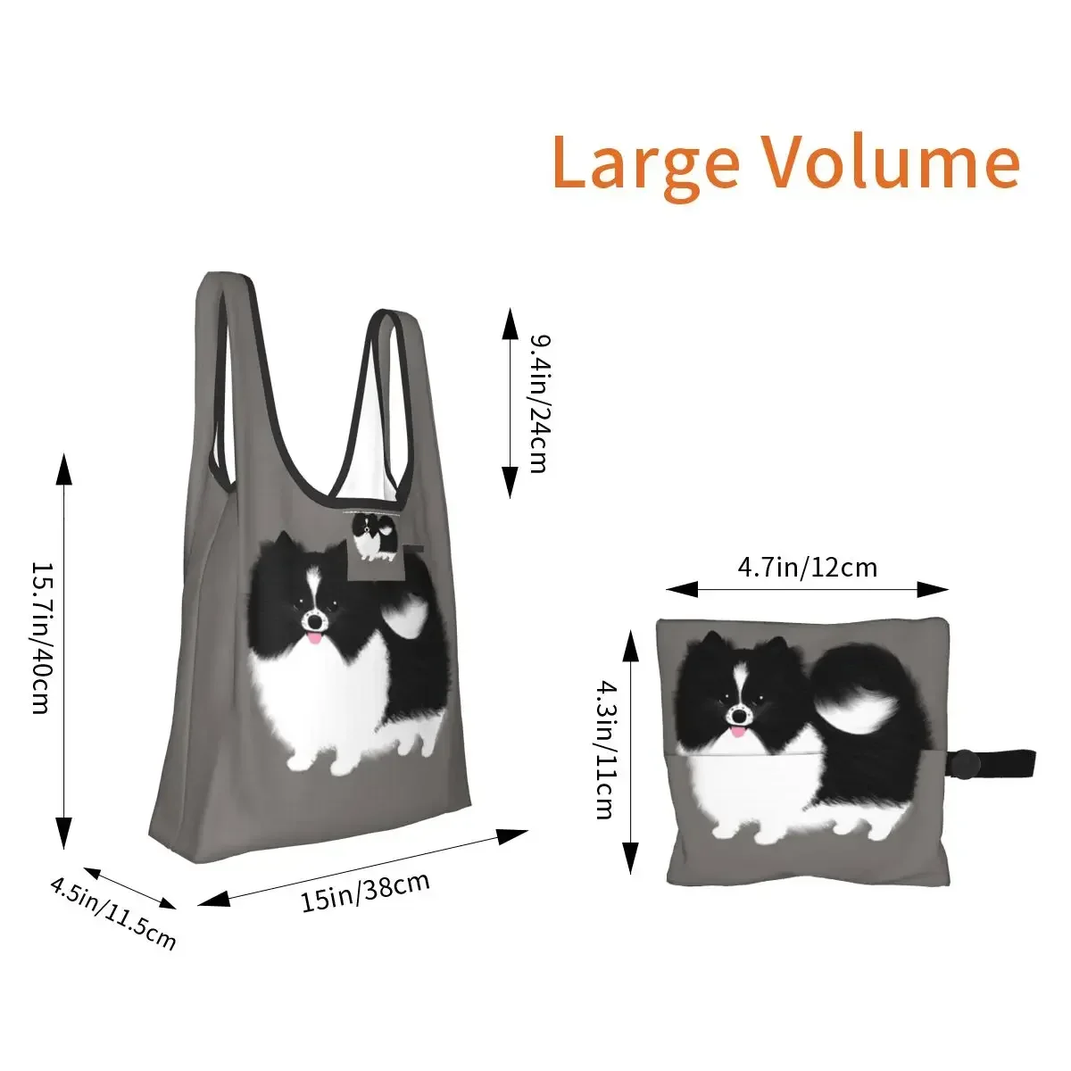 Black And White Parti Pomeranian Fluffy Dog Shopping Bag Portable Tote Bags Reusable Shoulder Shopper Bag Groceries Handbag