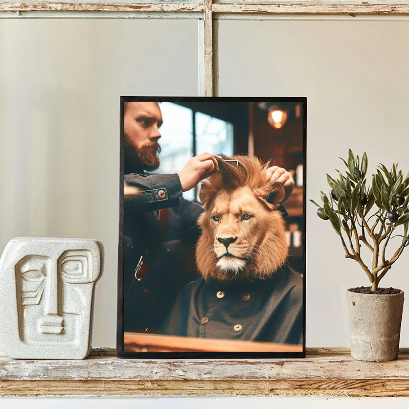 Funny Hairstyle A Lion At The Barbershop Hairdresser Art Poster Canvas Painting Wall Prints Picture Room Barbershop Home Decor