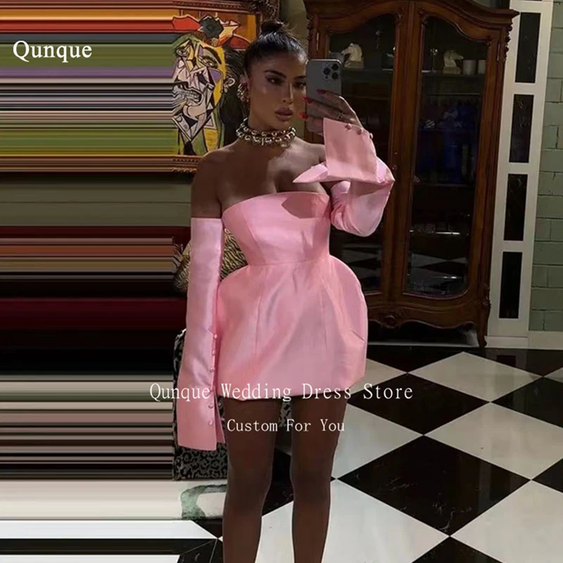 

Qunque Mini Pink Cocktail Dresses Removable Long Sleeves Strapless Satin Sexy Birthday Dress Women 2024 Vestidos De Festa