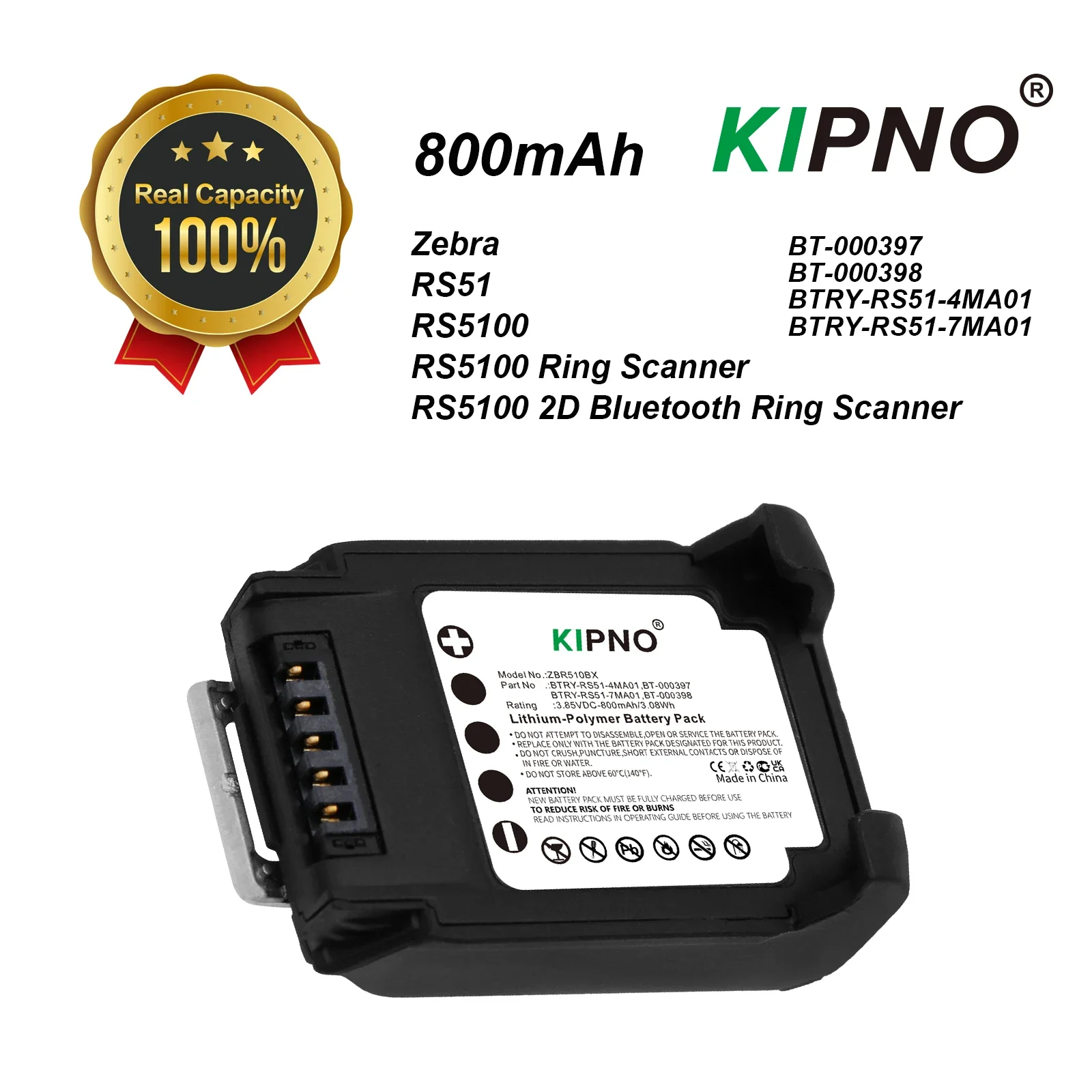 800mAh Battery Compatible with Zebra BT-000397 BT-000398 BTRY-RS51-4MA01 BTRY-RS51-7MA01 RS5100 2D Bluetooth Ring Scanner