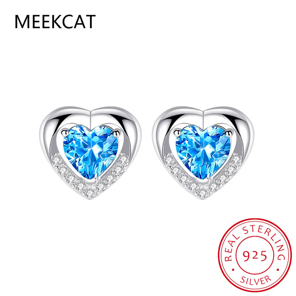 Heart Cut Genuine Blue Topaz 925 Sterling Silver Stud Earrings for Women Gemstone Fine Jewelry Wedding Gift Brincos de Prata