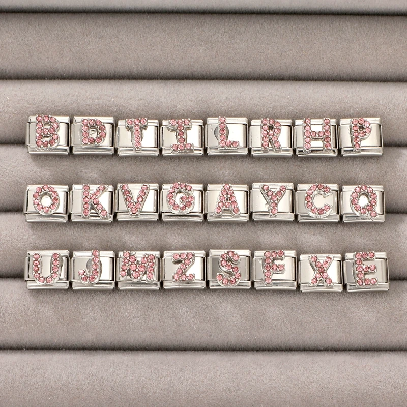 Fashion Pink Zircon A-Z 26 Letters Charm Italian Links Fit 9mm Stainless Steel Bracelet Shiny Jewelry DIY Making Birthday Gifts