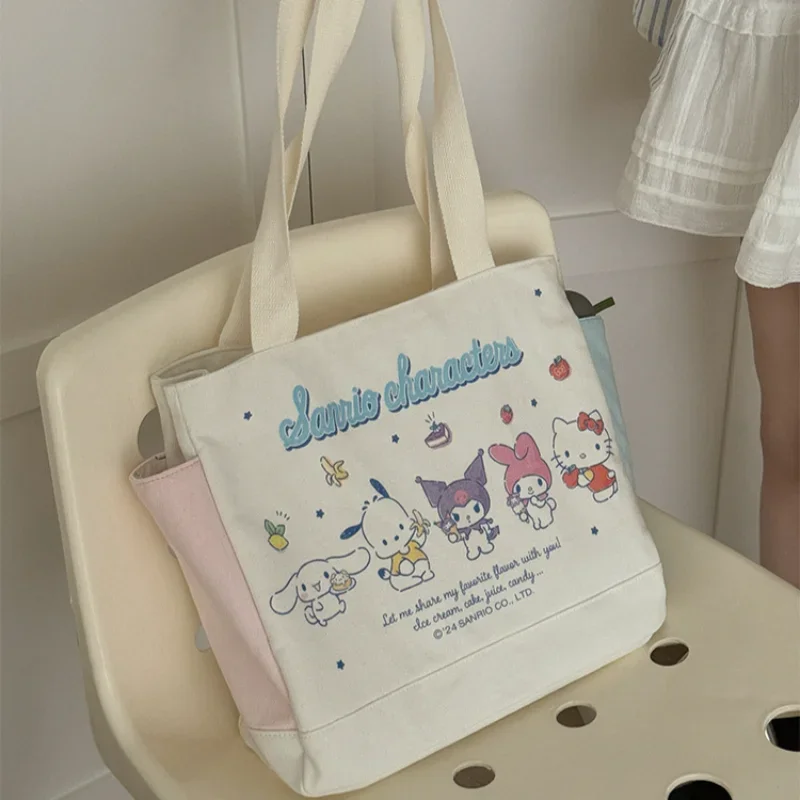 Sanrio Hello Kitty print fashion lightweight canvas bag splicing contrasting color cute Kulomi shoulder bag girls shopping bag