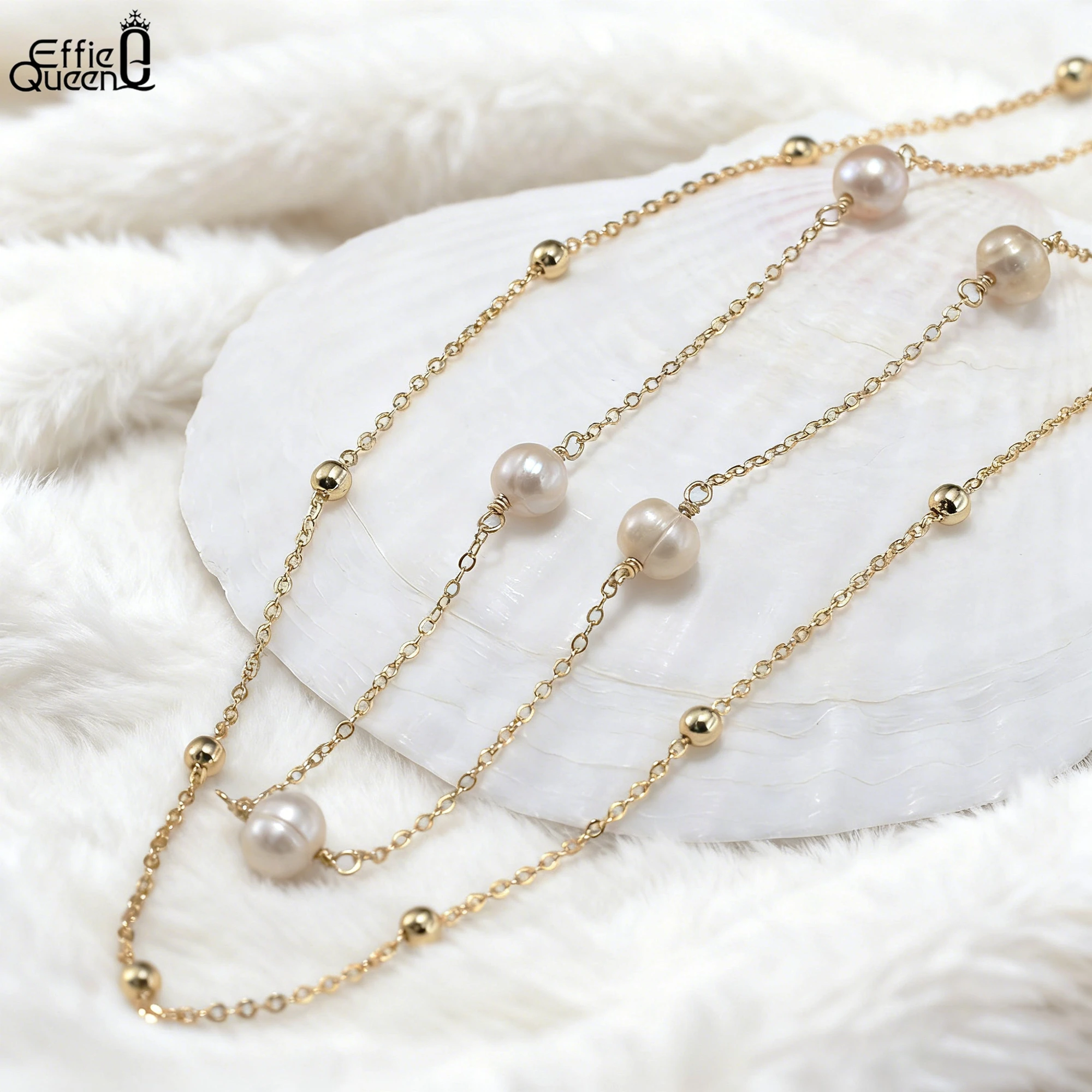 

EFFIE QUEEN Genuine 925 Silver 14k Gold Freshwater Pearl Chain Choker Necklace Luxury Jewelry for Women Summer Beach Gift GPN62