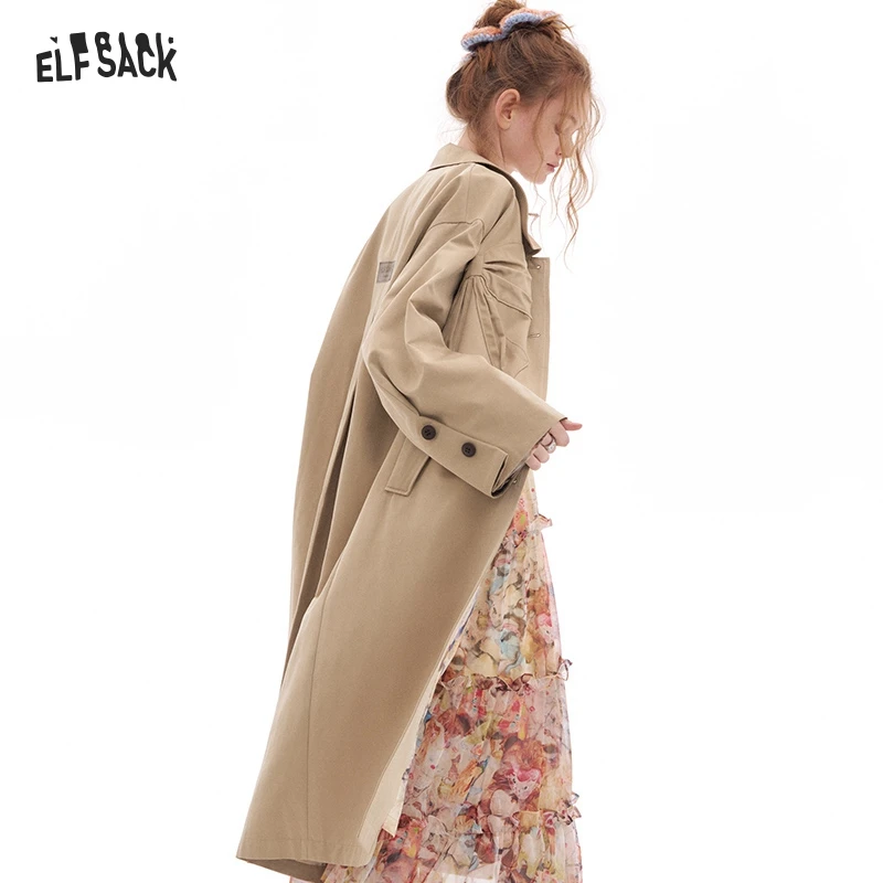 ELFSACK 2025 Spring New Arrivals Bowknot Khaki Trench Coat Women Fashion Korean Elegant Outerwear Woman Lapel Mid-length Coat Fe